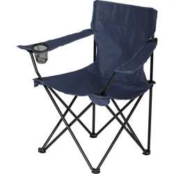 A blue folding camping chair with a cup holder in the armrest, featuring a metal frame and fabric seat.