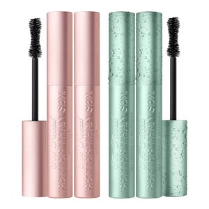 Two pairs of mascara tubes labeled \“Better Than Sex\“ by Too Faced, featuring one pair in pink and the other in green with a water droplet design.