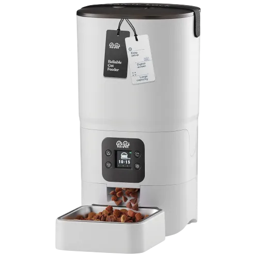 An automatic cat feeder with a digital screen, equipped with a removable food bowl and a hanging tag for settings and features.