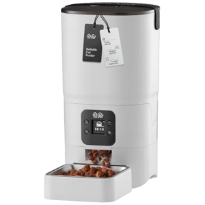 An automatic cat feeder with a digital screen, equipped with a removable food bowl and a hanging tag for settings and features.