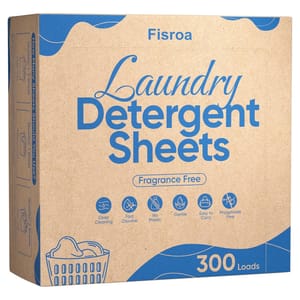 Fisroa Laundry Detergent Sheets, fragrance-free, offer 300 loads with features like deep cleaning, fast dissolve, no plastic, gentle, easy to carry, and phosphate-free.