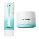 Dr. Brandt Wrinkle Release Serum and Hyaluronic Face Cream are shown, packaged in white and turquoise containers.