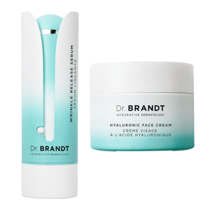 Dr. Brandt Wrinkle Release Serum and Hyaluronic Face Cream are shown, packaged in white and turquoise containers.