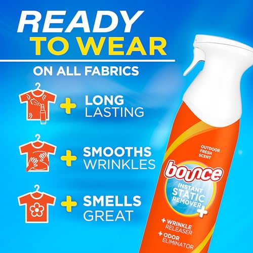 Bounce Instant Static Remover spray, with outdoor fresh scent, reduces static, smooths wrinkles, and eliminates odors on all fabrics.