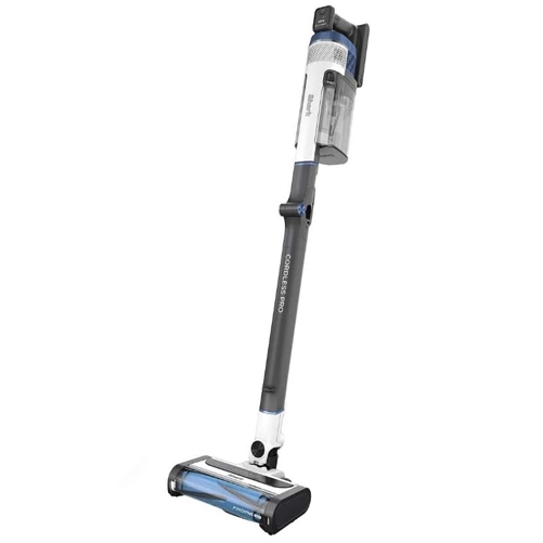Cordless stick vacuum cleaner with a sleek design, featuring a detachable dustbin and motorized floor brush.