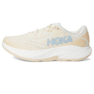 Hoka Men's Rincon 4 Shoes are lightweight running shoes in a light beige color with breathable mesh upper and a cushioned white midsole. They feature the Hoka logo on the side in blue.