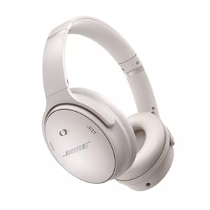 White over-ear Bose QuietComfort headphones with a sleek design, featuring the Bose logo and a built-in microphone.