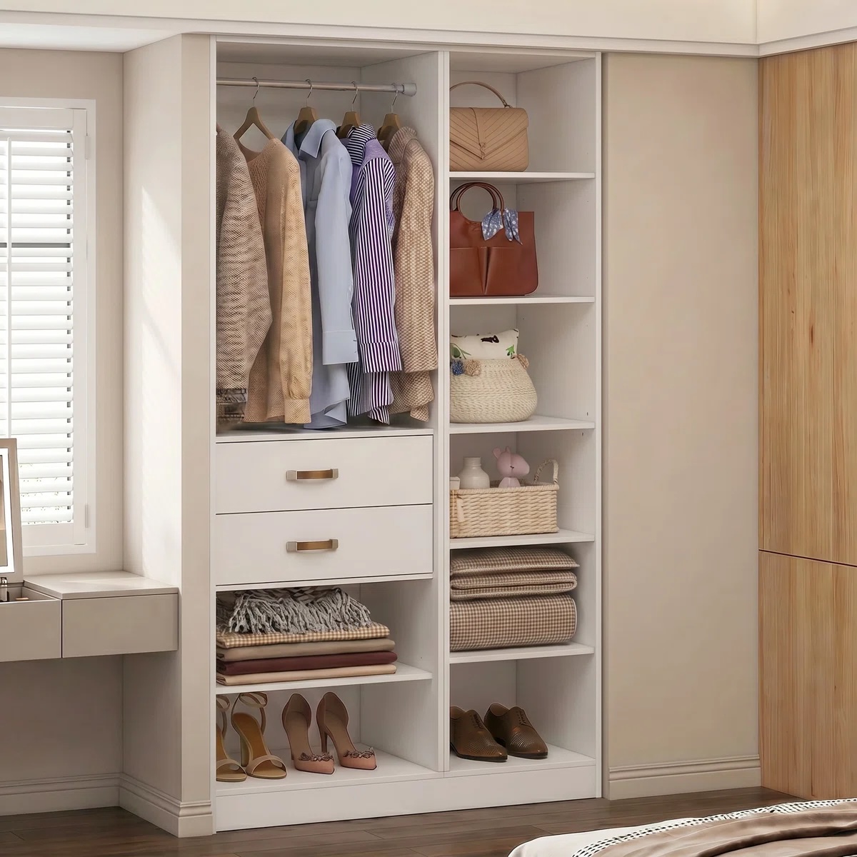A tidy closet features hanging clothes, drawers, and shelves with handbags, woven baskets, folded clothes, and shoes.
