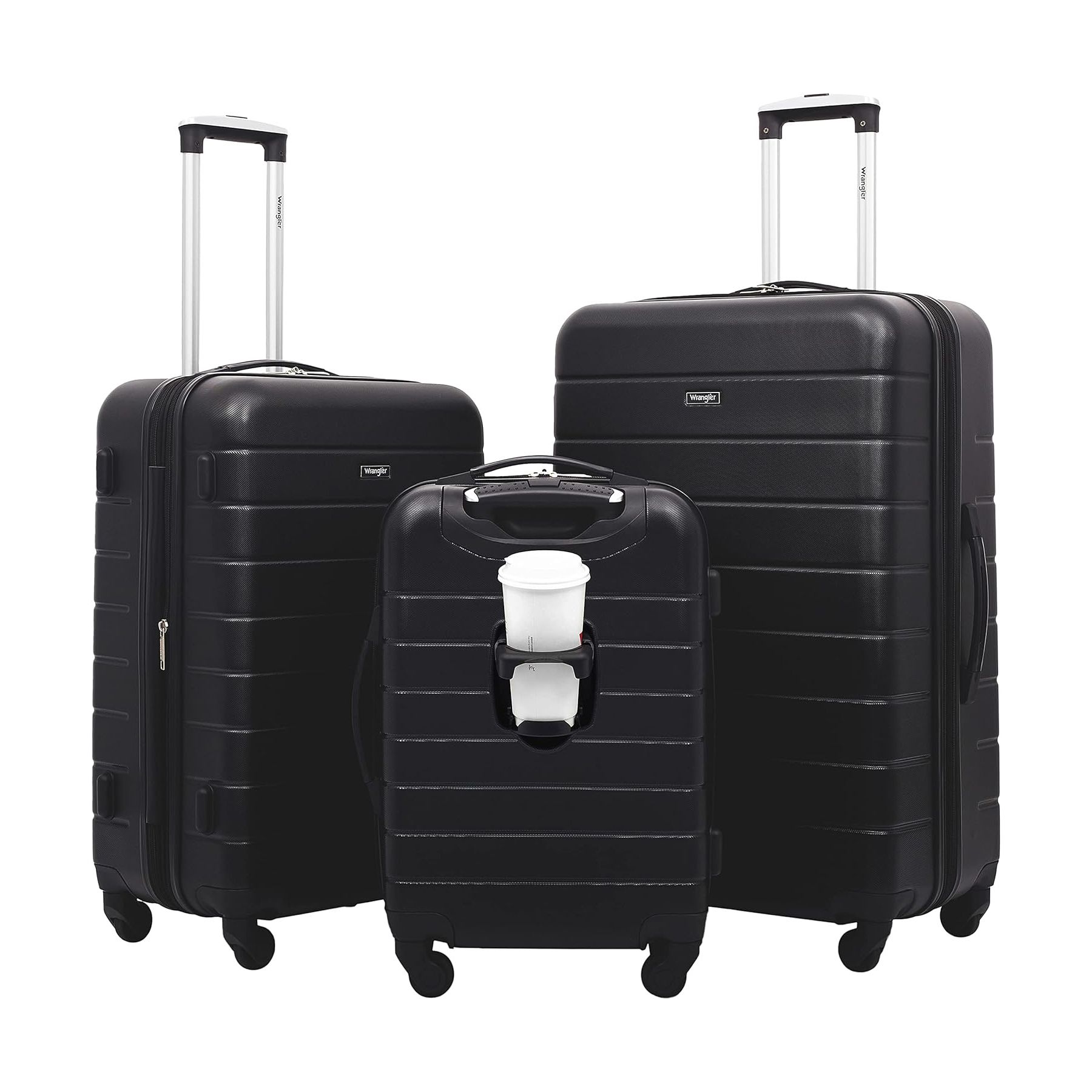 Three black hard-shell suitcases of varying sizes with telescopic handles and wheels.