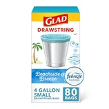 Glad 4-gallon small drawstring trash bags, scented with Febreze Beachside Breeze. Package contains 80 bags.