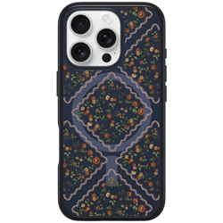 Floral-patterned phone case for an iPhone with three camera lenses. The design includes flowers and scalloped edges in a dark color scheme.
