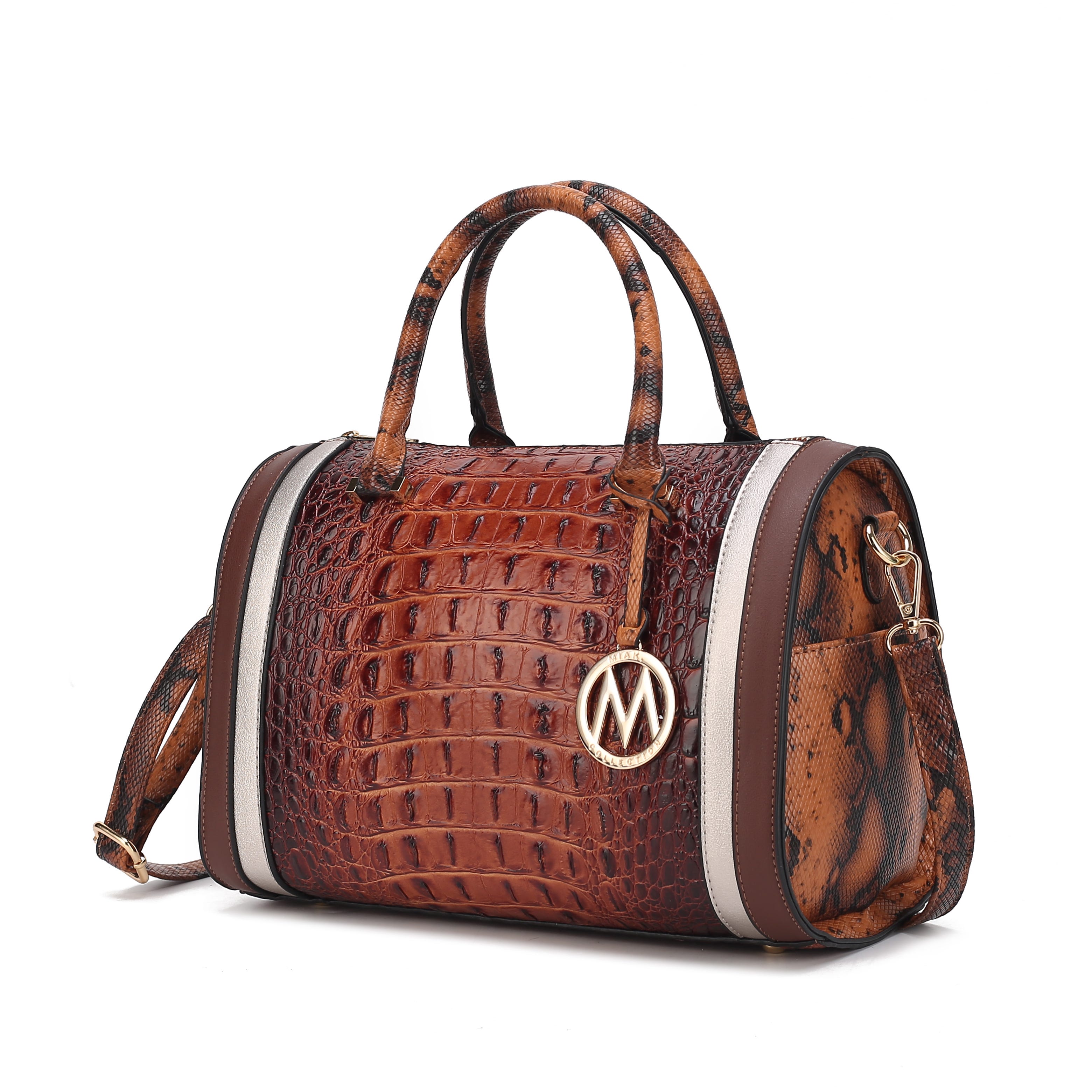 A brown crocodile-textured handbag with dual handles, accented with brown and white stripes, and a gold circular charm.