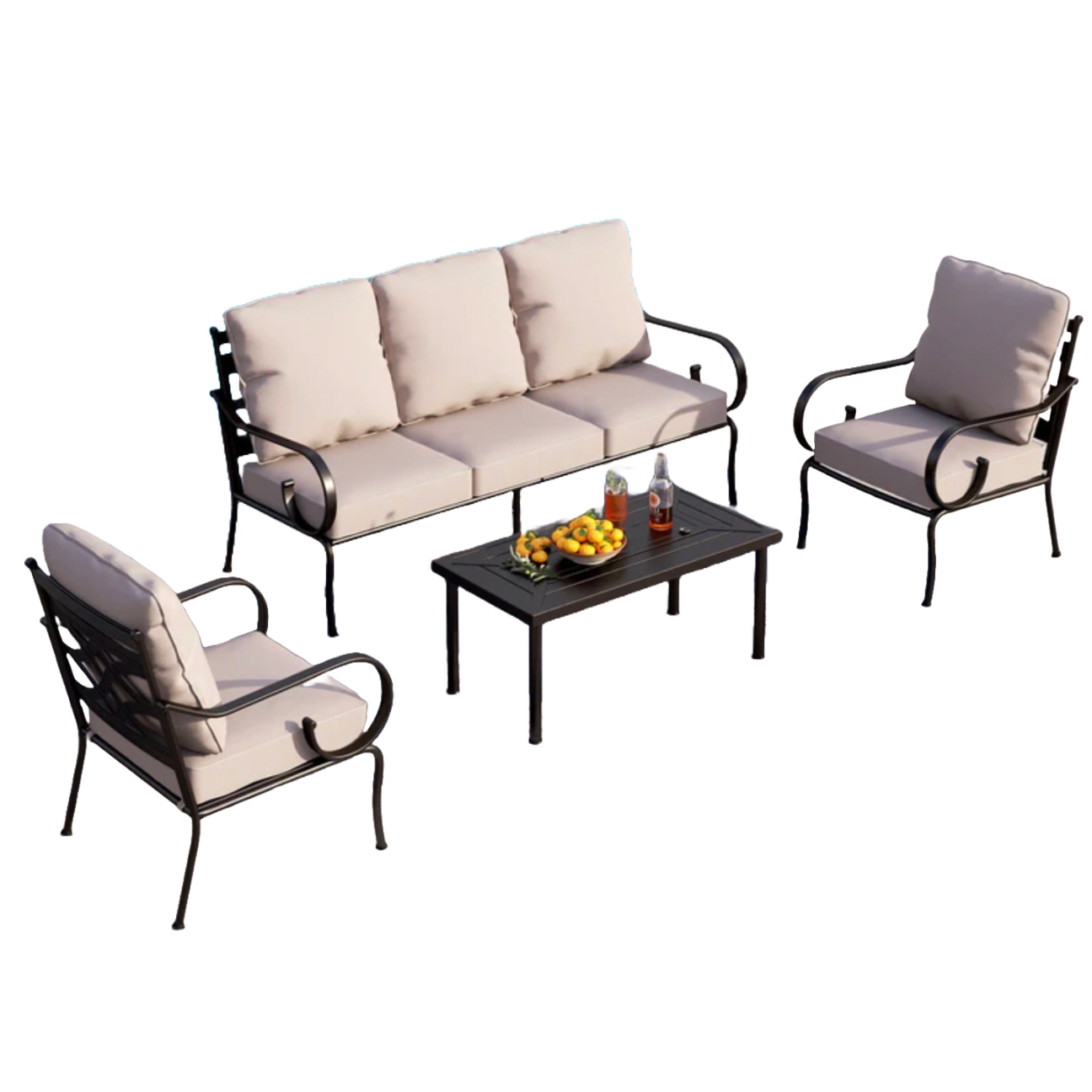 A patio set consisting of a three-seater sofa, two single armchairs with cushions, and a rectangular coffee table, all with a matching black metal frame design.