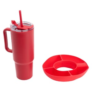 Red insulated tumbler with a handle, straw, and lid, alongside a matching red snack tray with compartments.