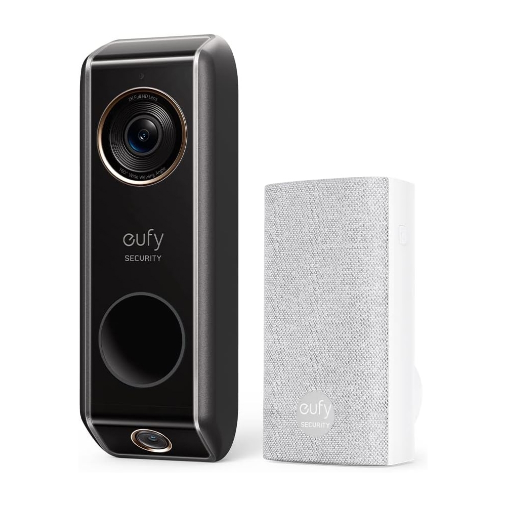 Eufy security doorbell camera and chime, featuring 2K resolution and a 160-degree wide-view angle.
