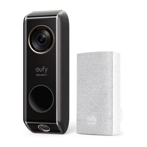 Eufy security doorbell camera and chime, featuring 2K resolution and a 160-degree wide-view angle.
