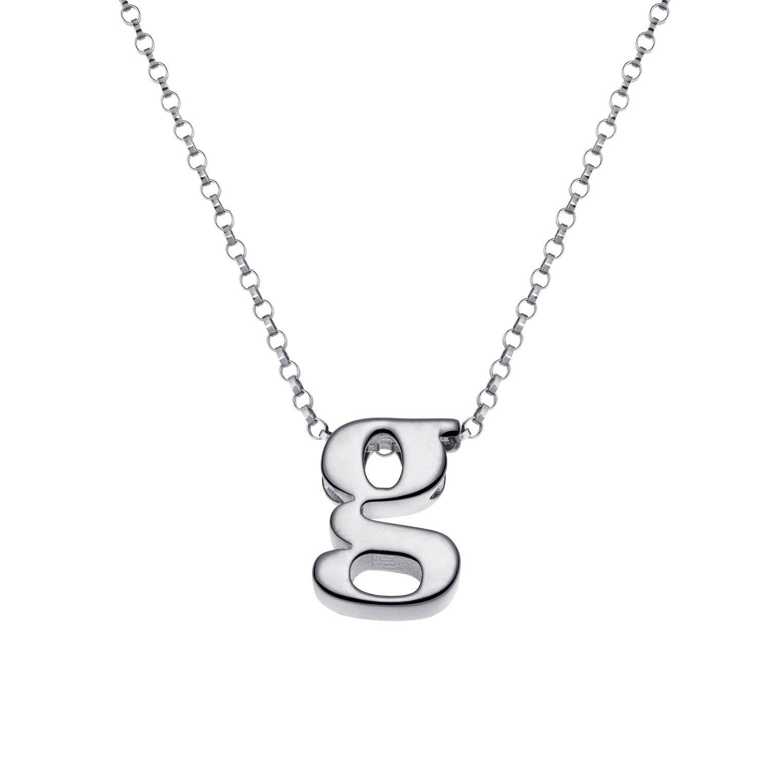 A sterling silver necklace featuring a lowercase \“g\“ pendant, suspended on a delicate chain. The design is simple and elegant, highlighting the initial as the focal point.