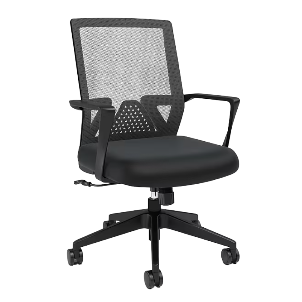 Black ergonomic office chair with a mesh back, cushioned seat, and adjustable armrests on a five-star base with casters.