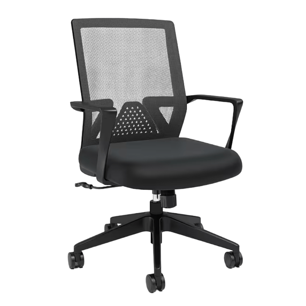 Black ergonomic office chair with a mesh back, cushioned seat, and adjustable armrests on a five-star base with casters.