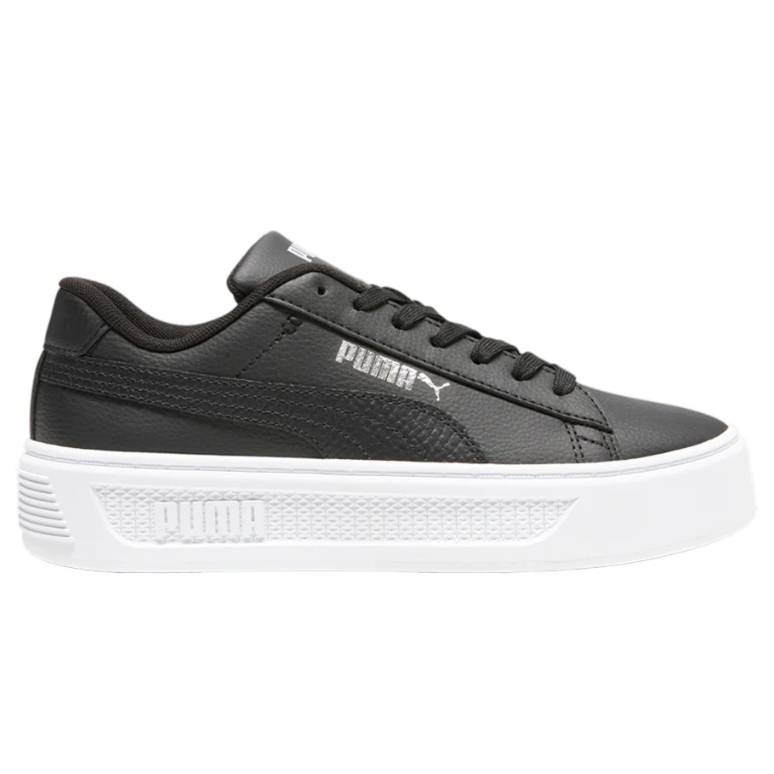 Puma Platform Sneakers feature a sleek black leather upper with a prominent white platform sole, and Puma branding on the side. The design includes black laces for a clean, modern look.