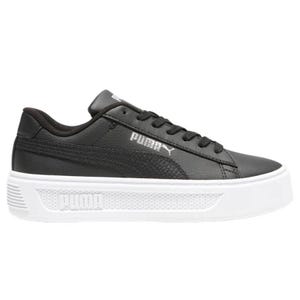 Puma Platform Sneakers feature a sleek black leather upper with a prominent white platform sole, and Puma branding on the side. The design includes black laces for a clean, modern look.