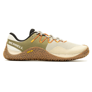 Merrell hiking shoe with a Vibram sole, featuring a green and beige mesh upper, orange accents, and black interior lining.
