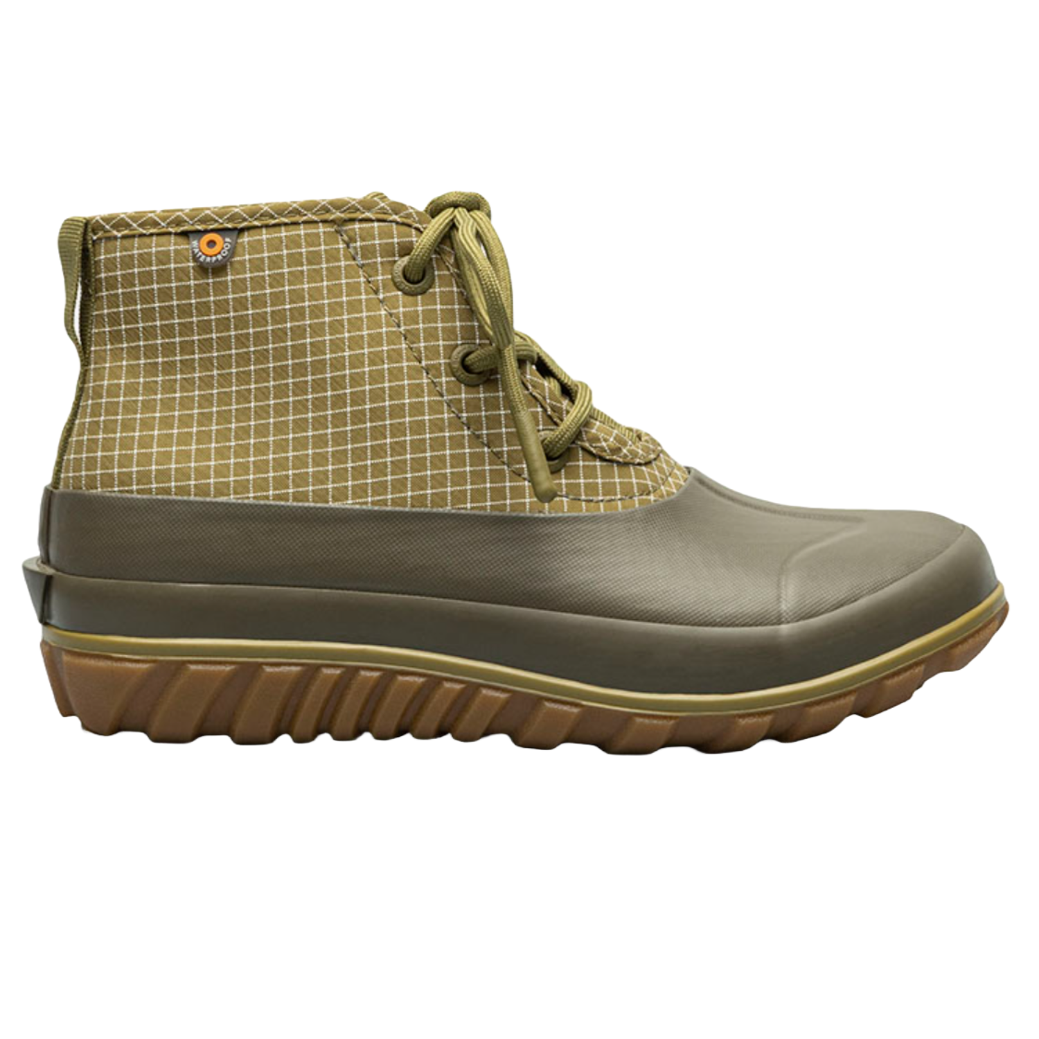BOGS Casual Boots feature a waterproof design with a checkered fabric upper, olive green rubber lower, and a thick, treaded brown sole. They have olive green laces and an outdoorsy aesthetic.
