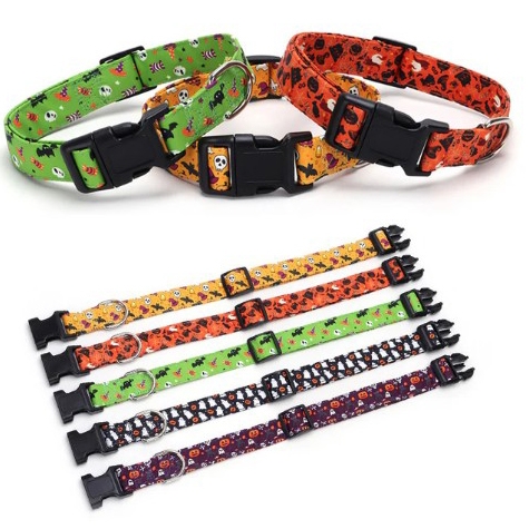 Colorful dog collars with Halloween-themed designs, including skulls, bats, and pumpkins, featuring adjustable straps and plastic buckles.