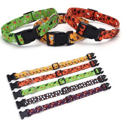 Colorful dog collars with Halloween-themed designs, including skulls, bats, and pumpkins, featuring adjustable straps and plastic buckles.