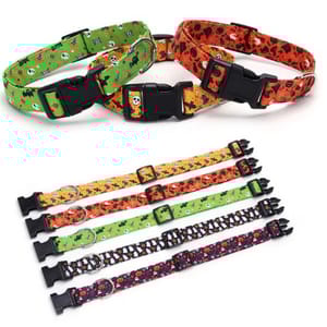 Colorful dog collars with Halloween-themed designs, including skulls, bats, and pumpkins, featuring adjustable straps and plastic buckles.