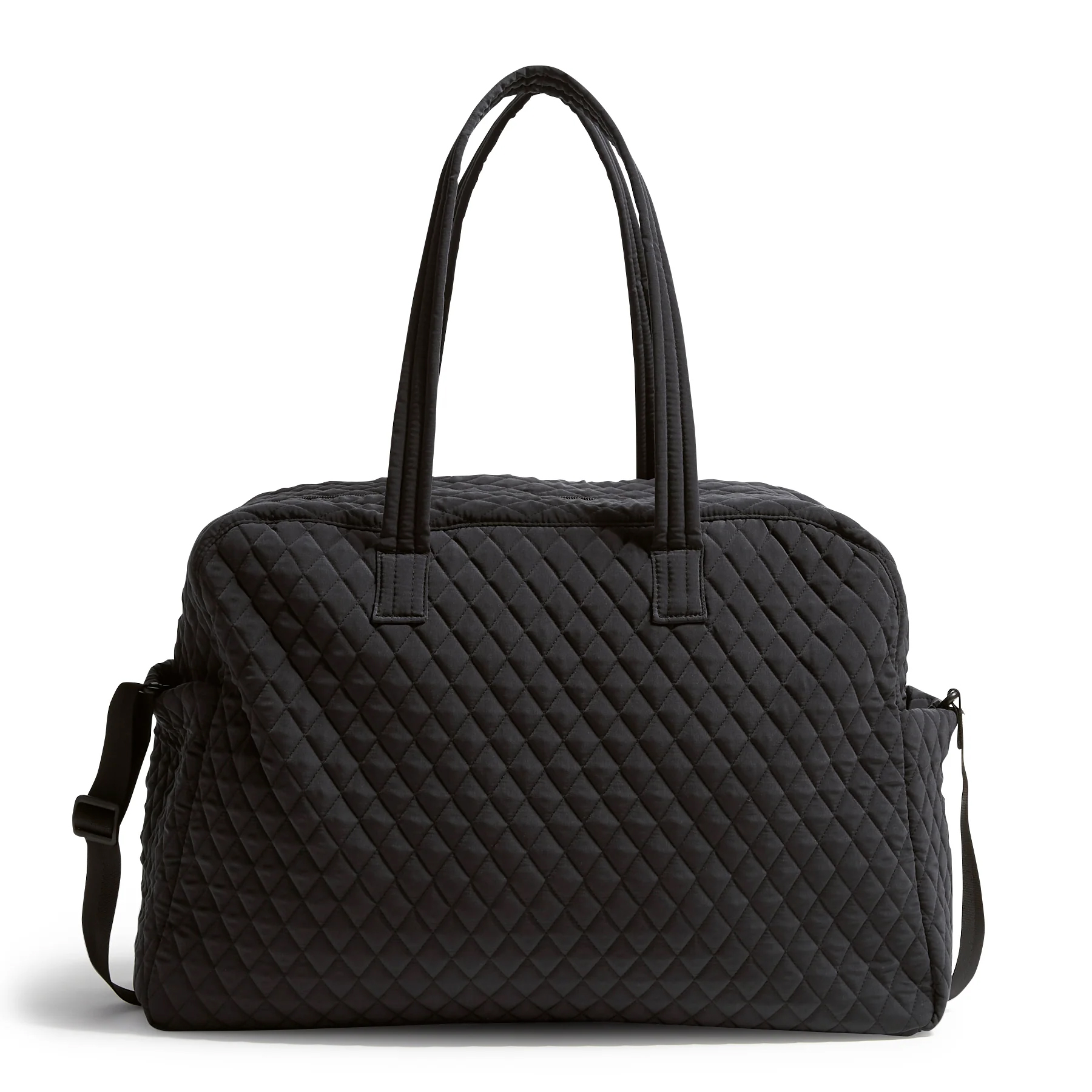 Black quilted tote bag with dual handles and an adjustable shoulder strap.