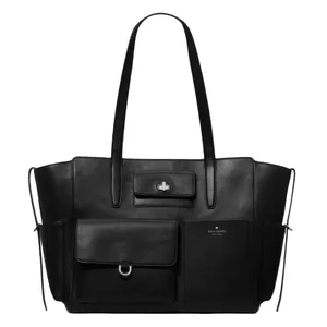 A black leather tote bag with two handles, featuring external pockets and a metal clasp.