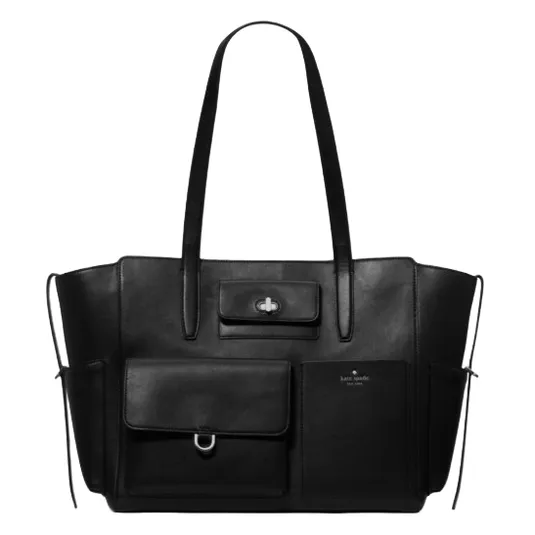 A black leather tote bag with two handles, featuring external pockets and a metal clasp.
