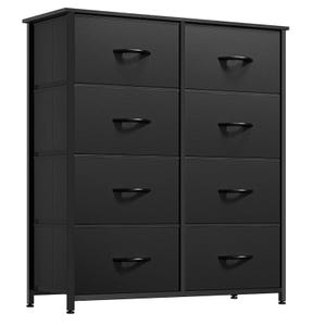 A black 8-drawer dresser featuring a modern design with two columns of four fabric drawers, each equipped with a sleek black curved handle. The dresser has a sturdy metal frame and stands on four legs.
