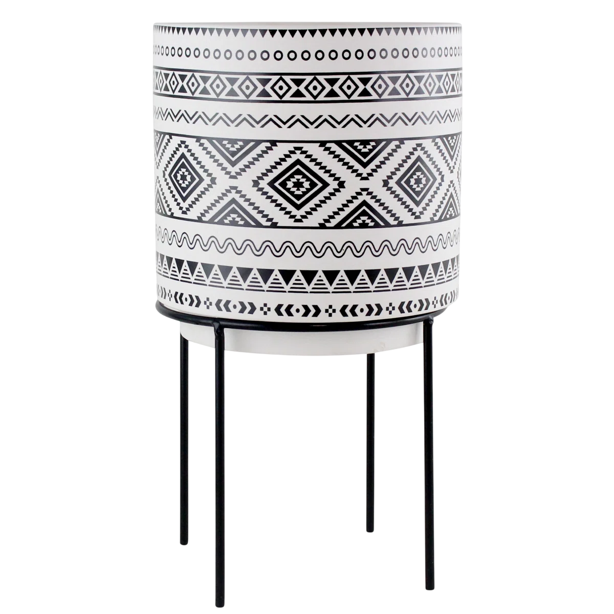 Black and white planter with geometric patterns on a metal stand.