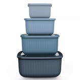 A set of four nesting blue storage containers with lids, each container slightly larger than the one above it, designed for space-saving organization.
