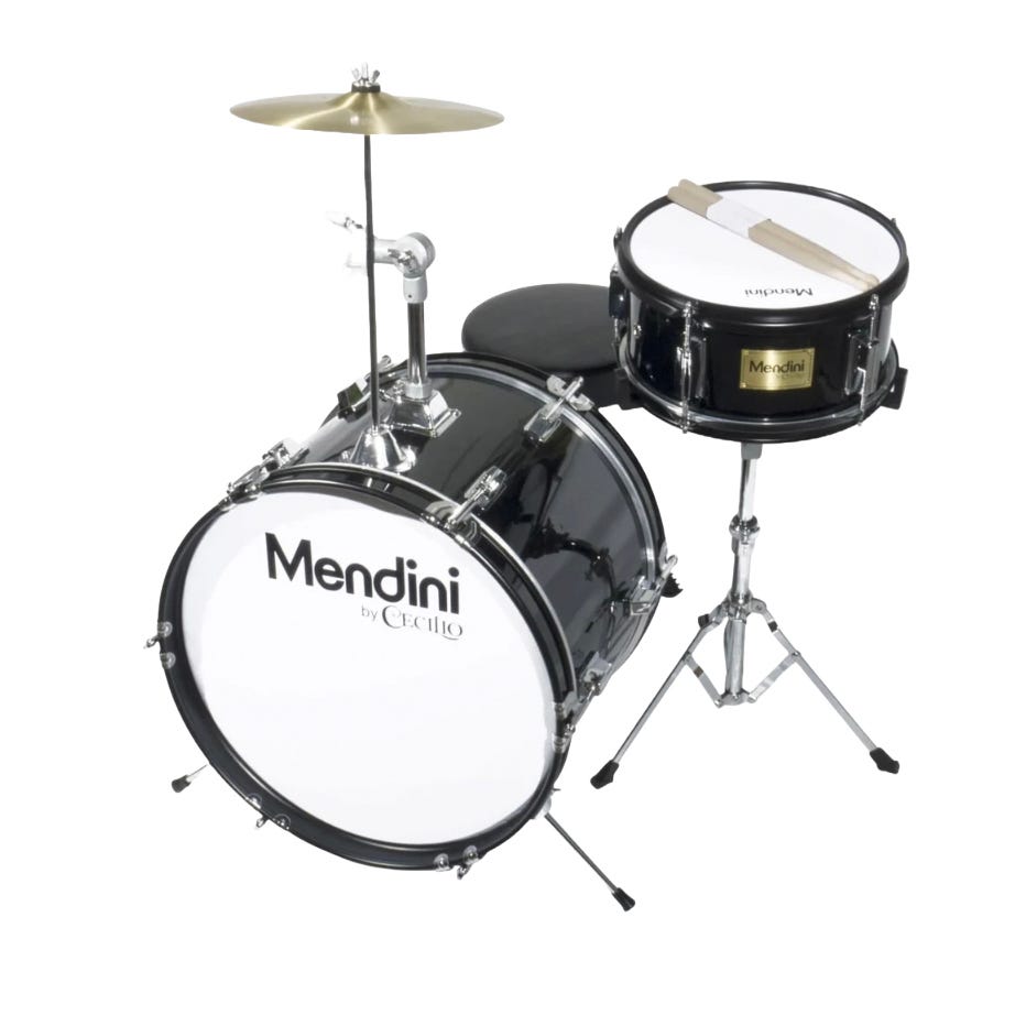 A 3-piece kids' drum set featuring a bass drum, mounted tom, and snare, with a cymbal attached. The drums are black with white drumheads, and the set includes a pair of drumsticks.