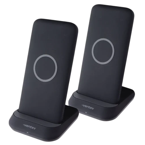 Two black wireless charging stands featuring a circular design on the front, with \“ventev\“ branding on the base.