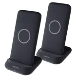 Two black wireless charging stands featuring a circular design on the front, with \“ventev\“ branding on the base.