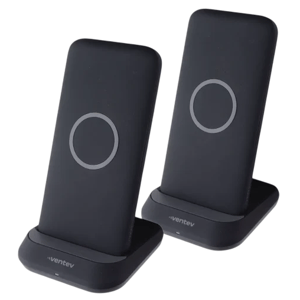 Two black wireless charging stands featuring a circular design on the front, with \“ventev\“ branding on the base.