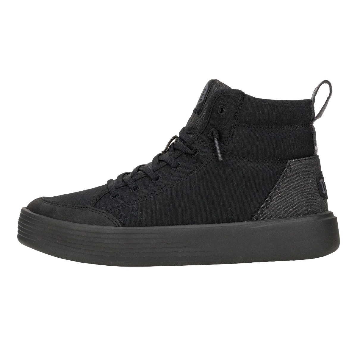 Black high-top sneakers with a canvas upper, lace-up design, and a flat rubber sole. Features a pull tab at the back for easy wearing.