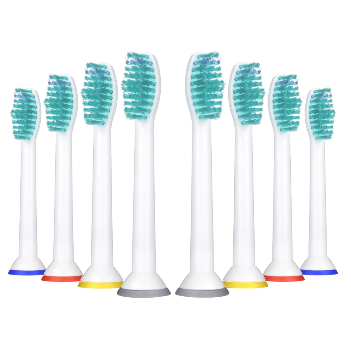 8-pack of Pursonic toothbrush heads with white bodies and teal bristles, featuring color-coded rings at the base in blue, red, yellow, and gray for easy identification and replacement. Suitable for electric toothbrushes.
