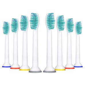 8-pack of Pursonic toothbrush heads with white bodies and teal bristles, featuring color-coded rings at the base in blue, red, yellow, and gray for easy identification and replacement. Suitable for electric toothbrushes.