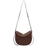 A brown leather saddle bag with a long adjustable strap and minimal gold hardware.