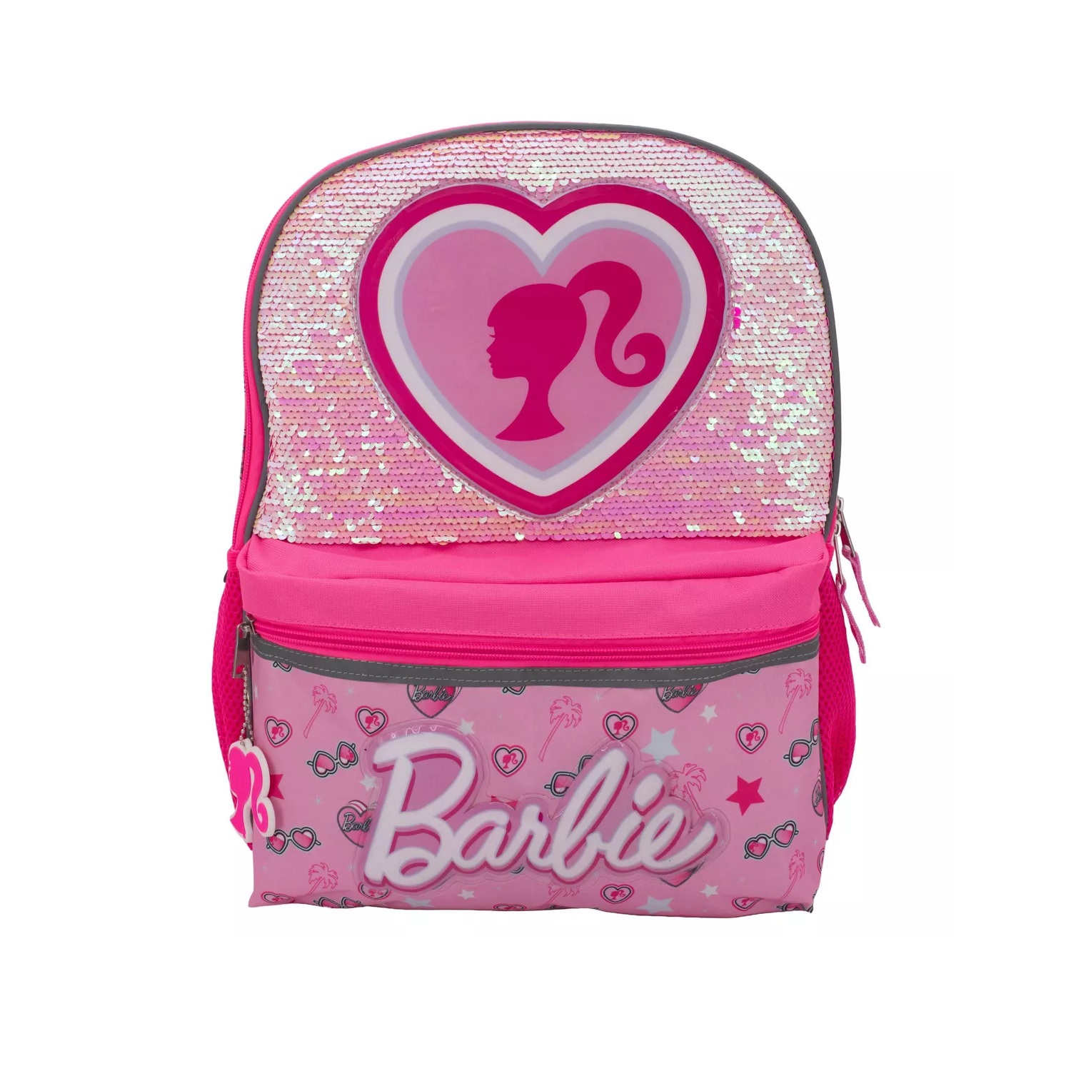Pink backpack with a Barbie design, featuring sequins, a heart logo, and various icons such as sunglasses and stars.