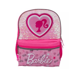 Pink backpack with a Barbie design, featuring sequins, a heart logo, and various icons such as sunglasses and stars.