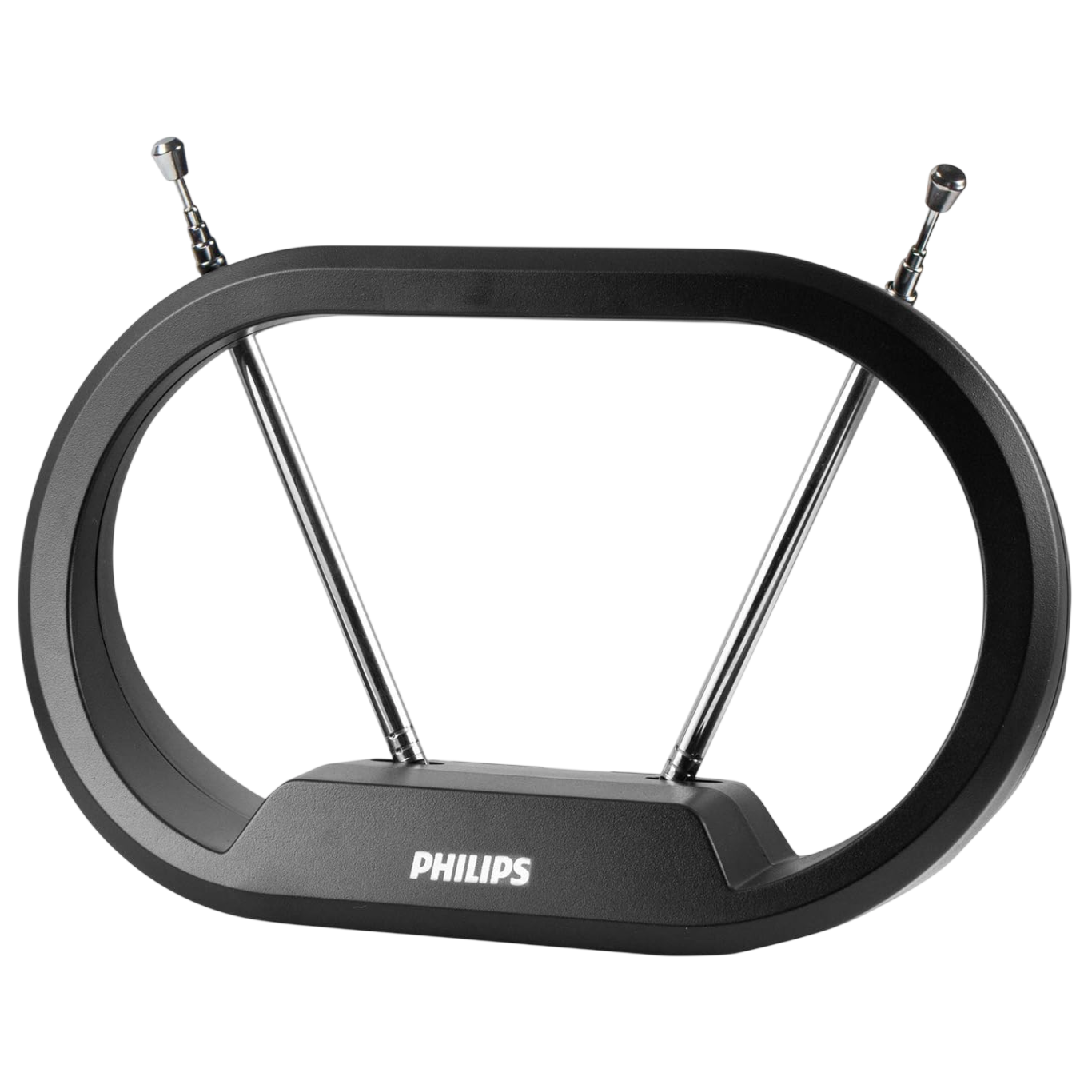 Philips indoor TV antenna designed with an oval shape and extendable metal telescopic rods for better reception.
