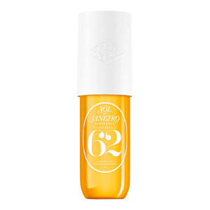 Sol de Janeiro Cheirosa 62 Perfume Mist features a vibrant yellow bottle with a white cap, labeled with \“62\“ and designed for a tropical fragrance experience.