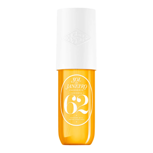 Sol de Janeiro Cheirosa 62 Perfume Mist features a vibrant yellow bottle with a white cap, labeled with \“62\“ and designed for a tropical fragrance experience.