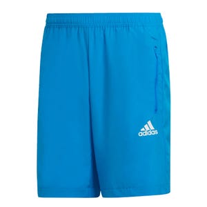 Blue athletic shorts with a white logo on the lower left leg and a side pocket.